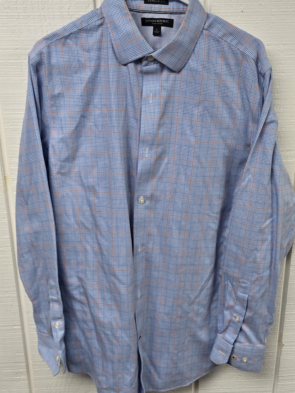 Banana Republic Camden Fit Light Blue Plaid Dress Shirt with Orange Windowpane - Picture 2 of 4